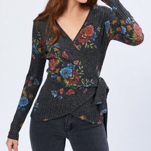 NWT Milan Kiss Anthracite Floral Wrap Blouse Top Size XL